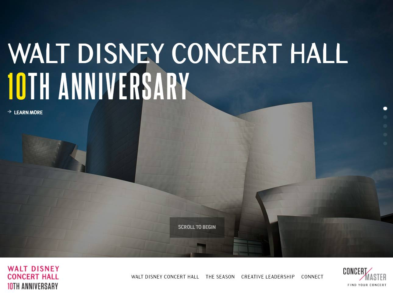Screenshot of the Walt Disney Concert Hall 10th Anniversary website