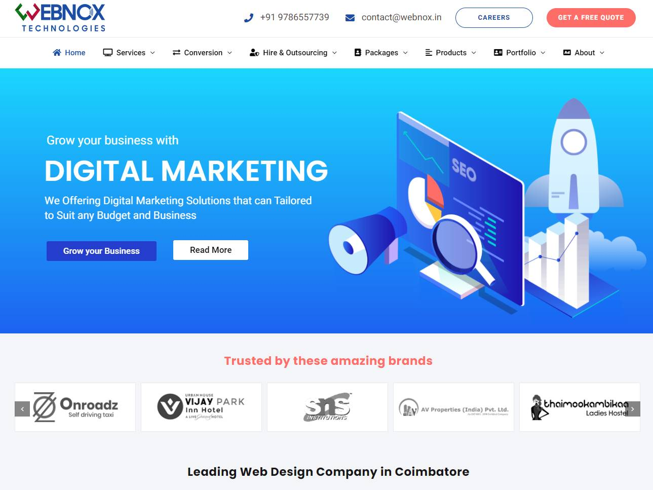 Screenshot of the Webnox Technologies: Web Design and Development in Coimbatore website