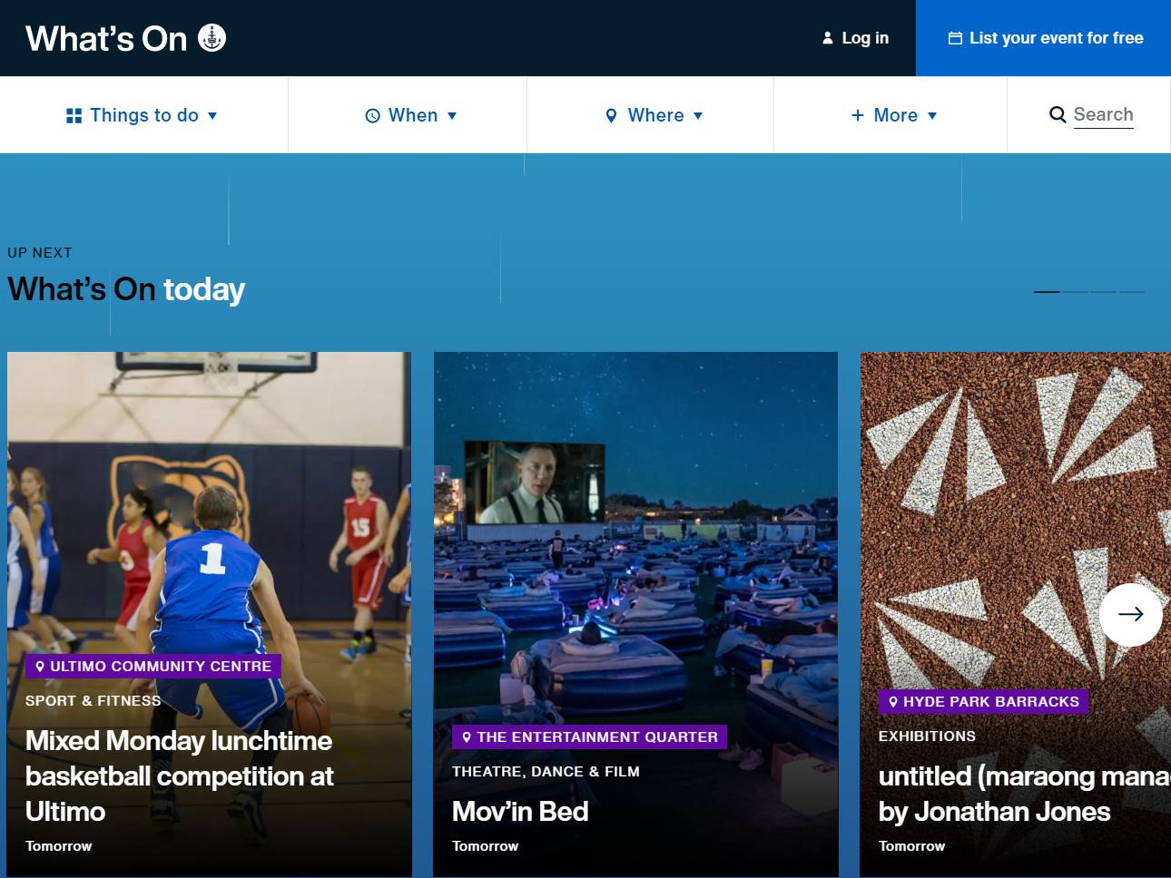 Screenshot of the What’s On’ Sydney website