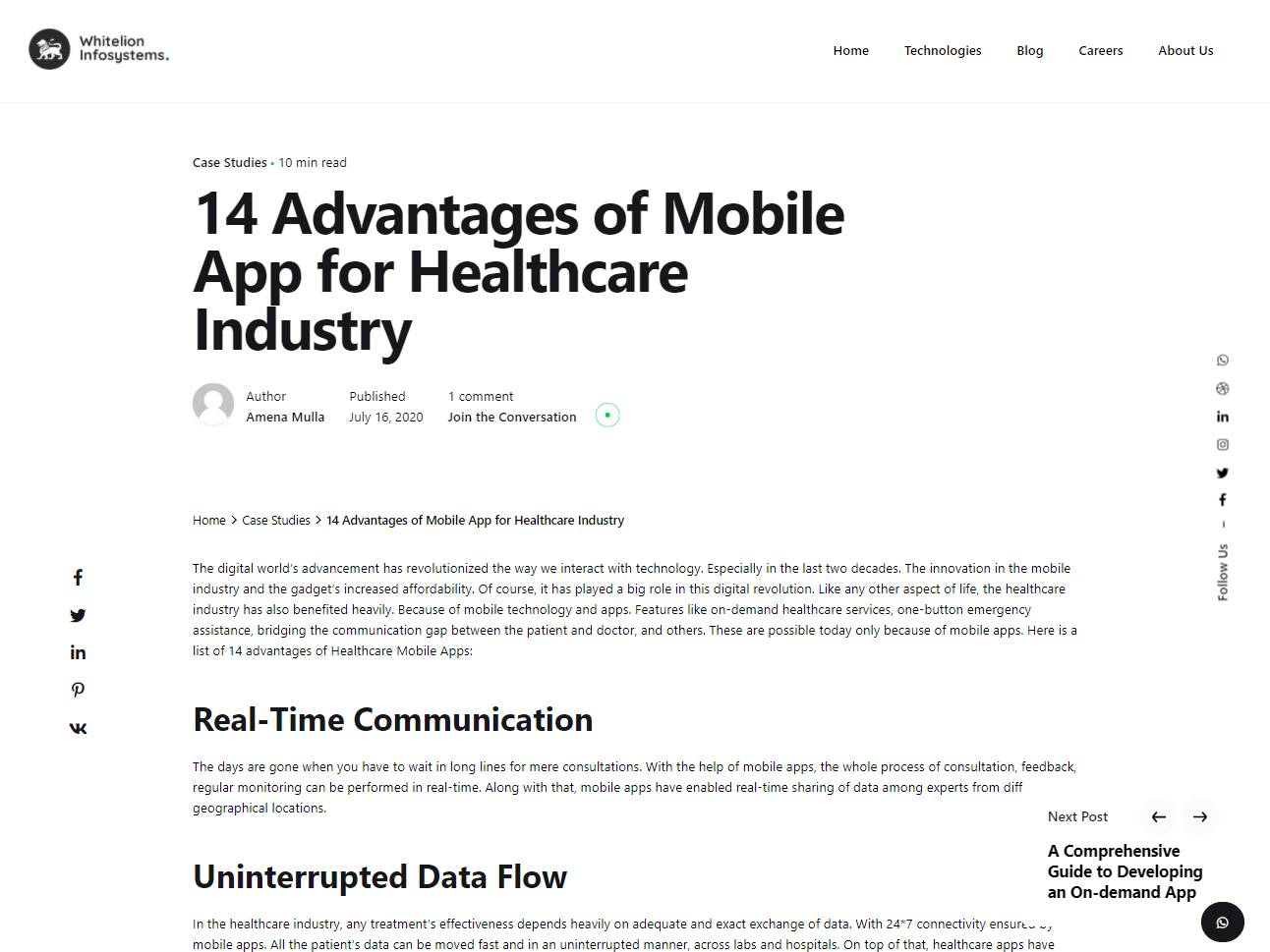 Screenshot of the white lion infosystems app website