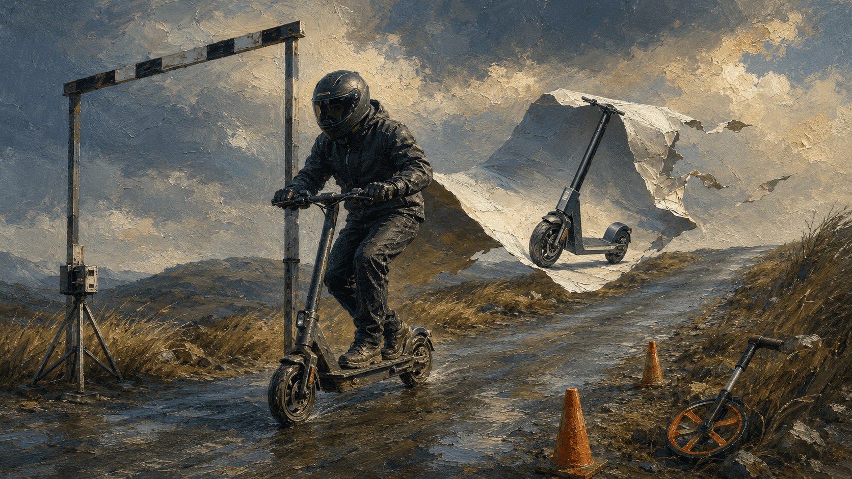Helmeted rider testing an electric scooter on a rough road while a pristine brochure version appears behind.