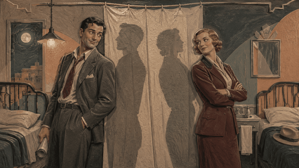 Art Deco mural of Ellie Andrews and Peter Warne exchanging playful smiles across the Walls of Jericho curtain in a 1930s motel.