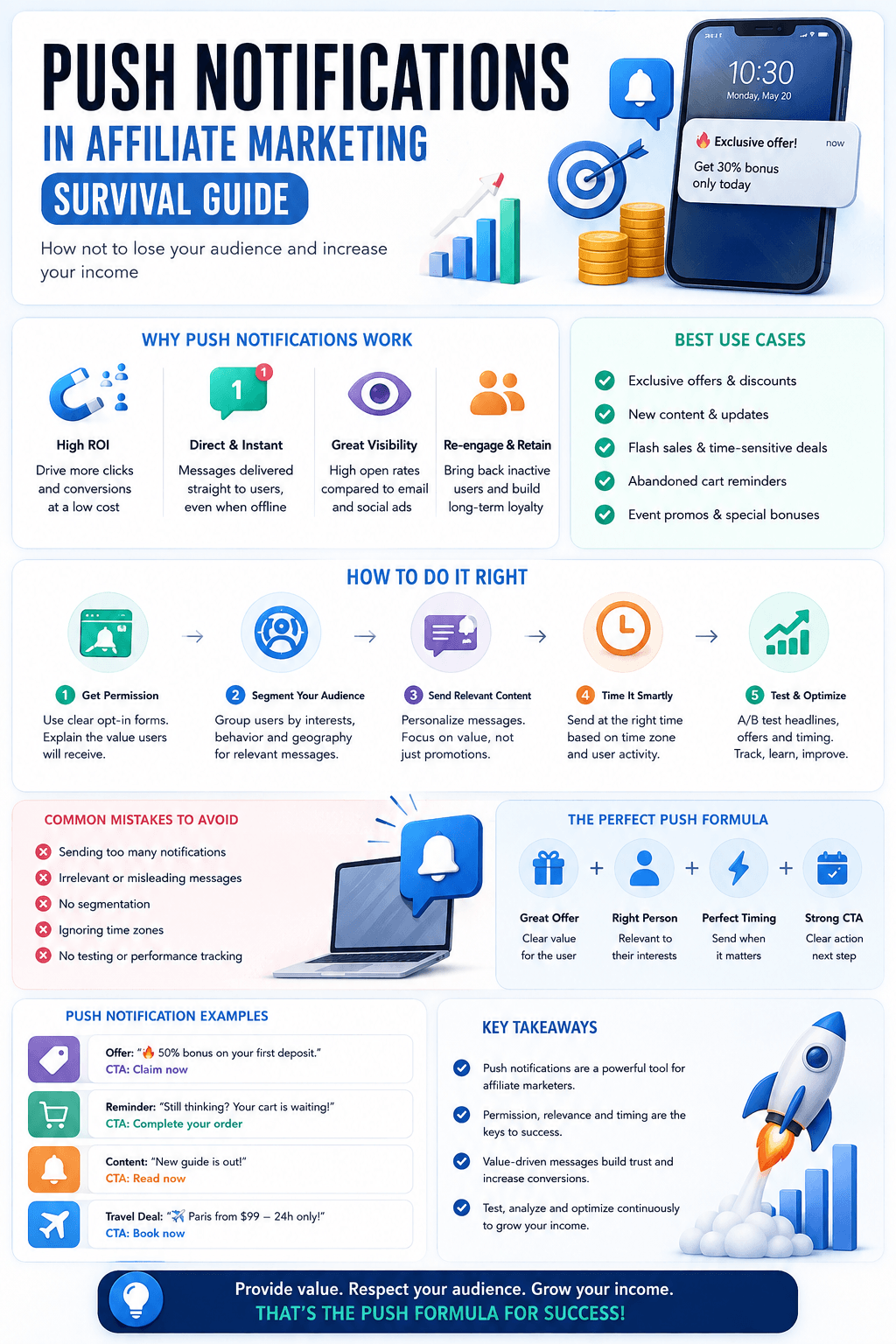 Infographic explaining push notifications in affiliate marketing, including consent, audience segmentation, relevant offers, timing, testing, mistakes, examples, and conversion tips.
