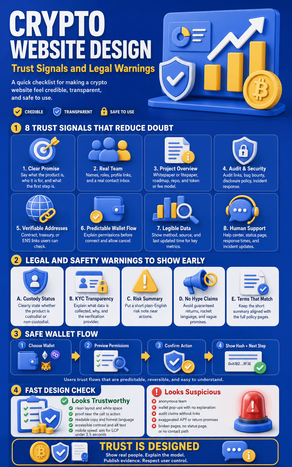 A Web3 user experience and interface design guide detailing Infographic: Crypto Website Design: Trust Signals and Legal Warnings, covering 8 core credibility markers, legal disclosures, safe wallet connection steps, and UI trust vs scam indicators.
