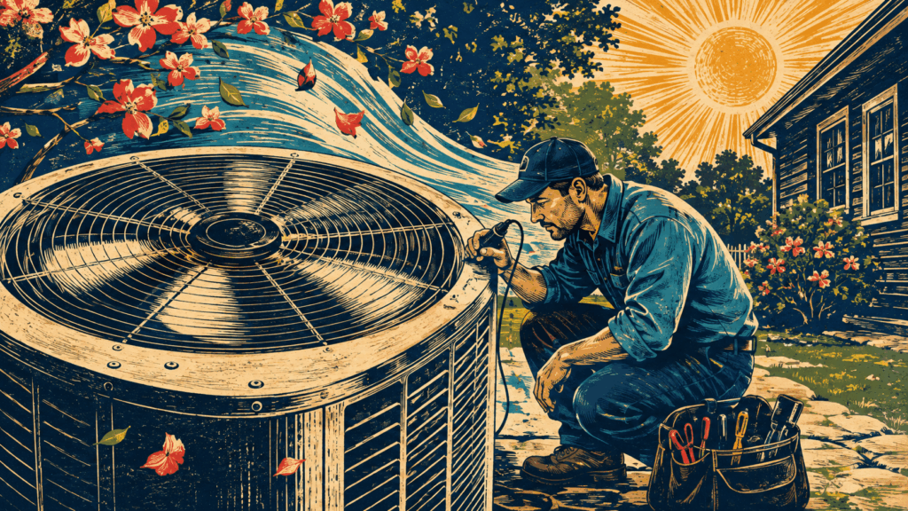 Woodcut illustration of an HVAC technician testing an outdoor condenser fan motor as summer approaches.