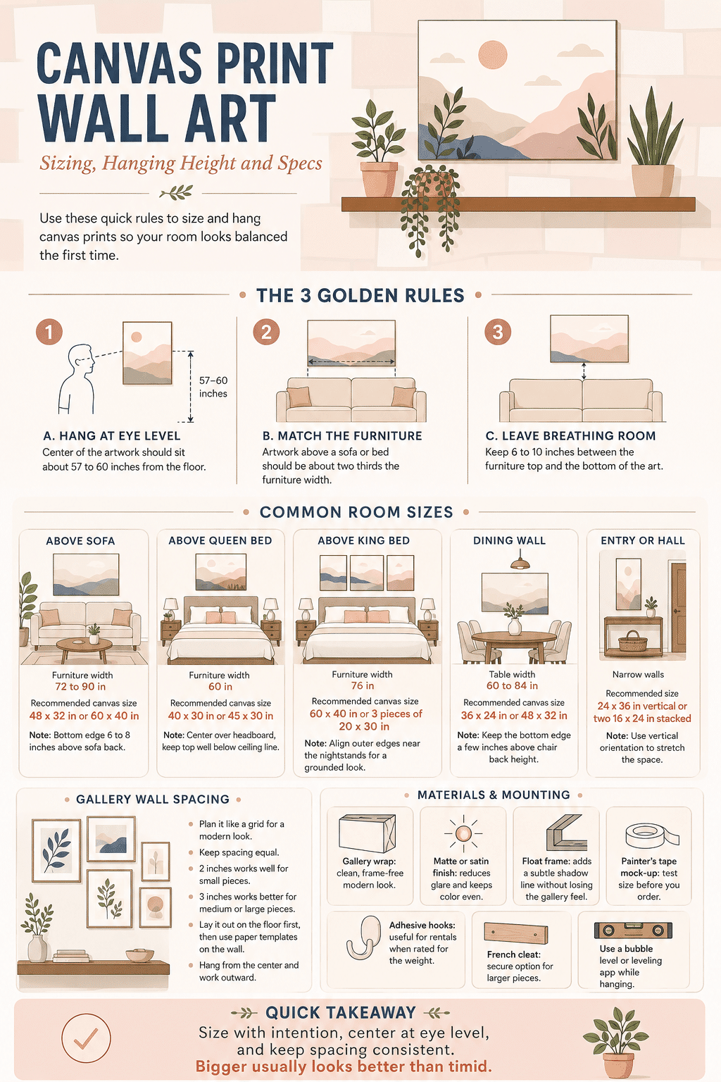 An interior design guide detailing Infographic: Canvas Print Wall Art: Sizing, Hanging Height and Specs, covering 57 to 60 inch eye-level hanging rules, sofa and bed canvas proportions, gallery wall spacing, and mounting hardware.