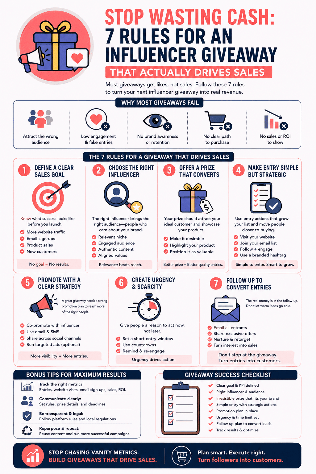 An e-commerce and influencer marketing guide detailing Infographic: Stop Wasting Cash: 7 Rules for an Influencer Giveaway That Actually Drives Sales, covering influencer vetting, strategic entry steps, promotional tactics, and lead conversion email workflows.
