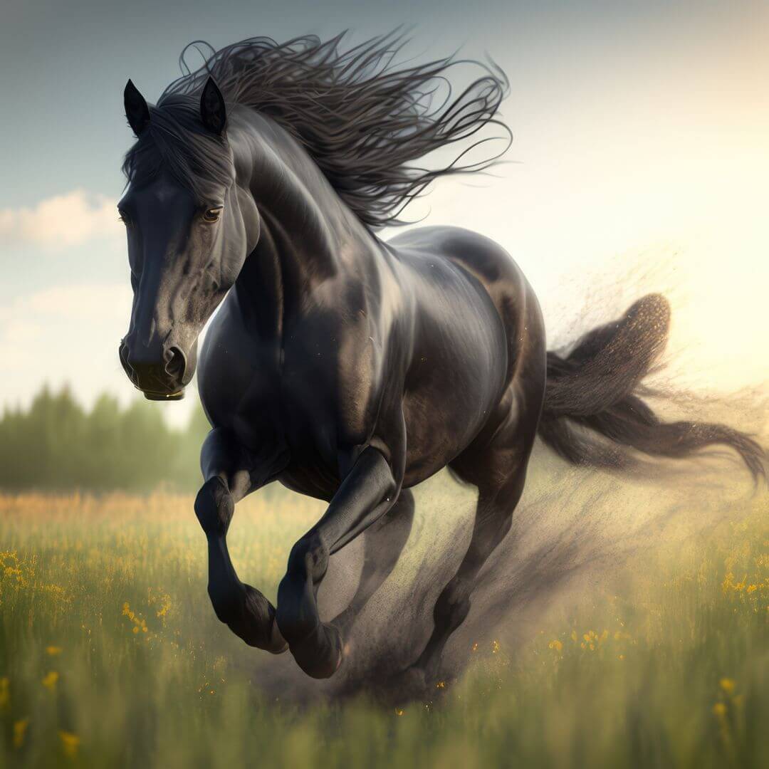 A majestic black horse gallops through a sunlit meadow, illustrating high-quality free stock photography that looks authentic and cinematic