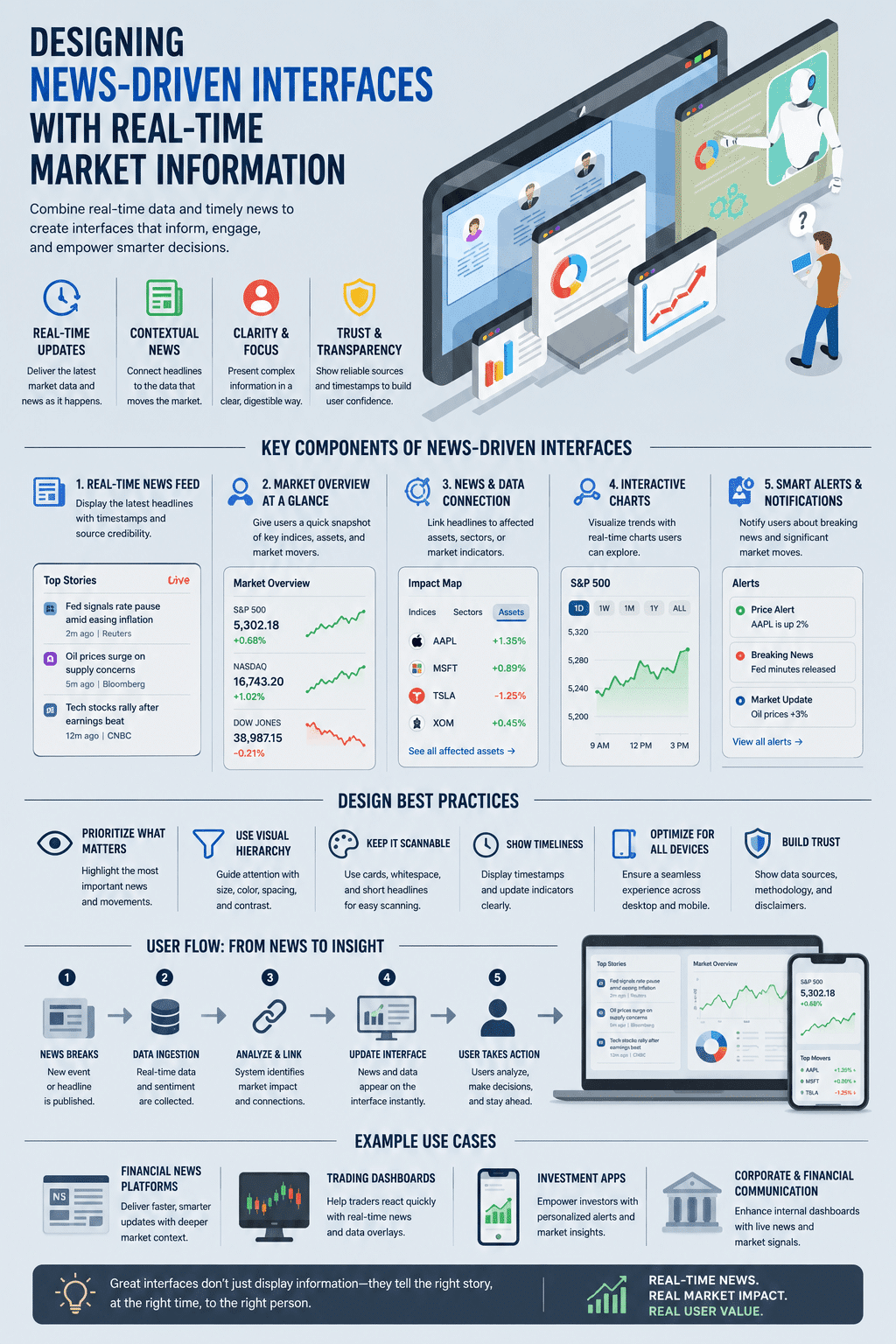 A financial user interface design infographic detailing Designing News-Driven Interfaces with Real-Time Market Information, showing key UI modules, dashboard design best practices, and data ingestion user flows.