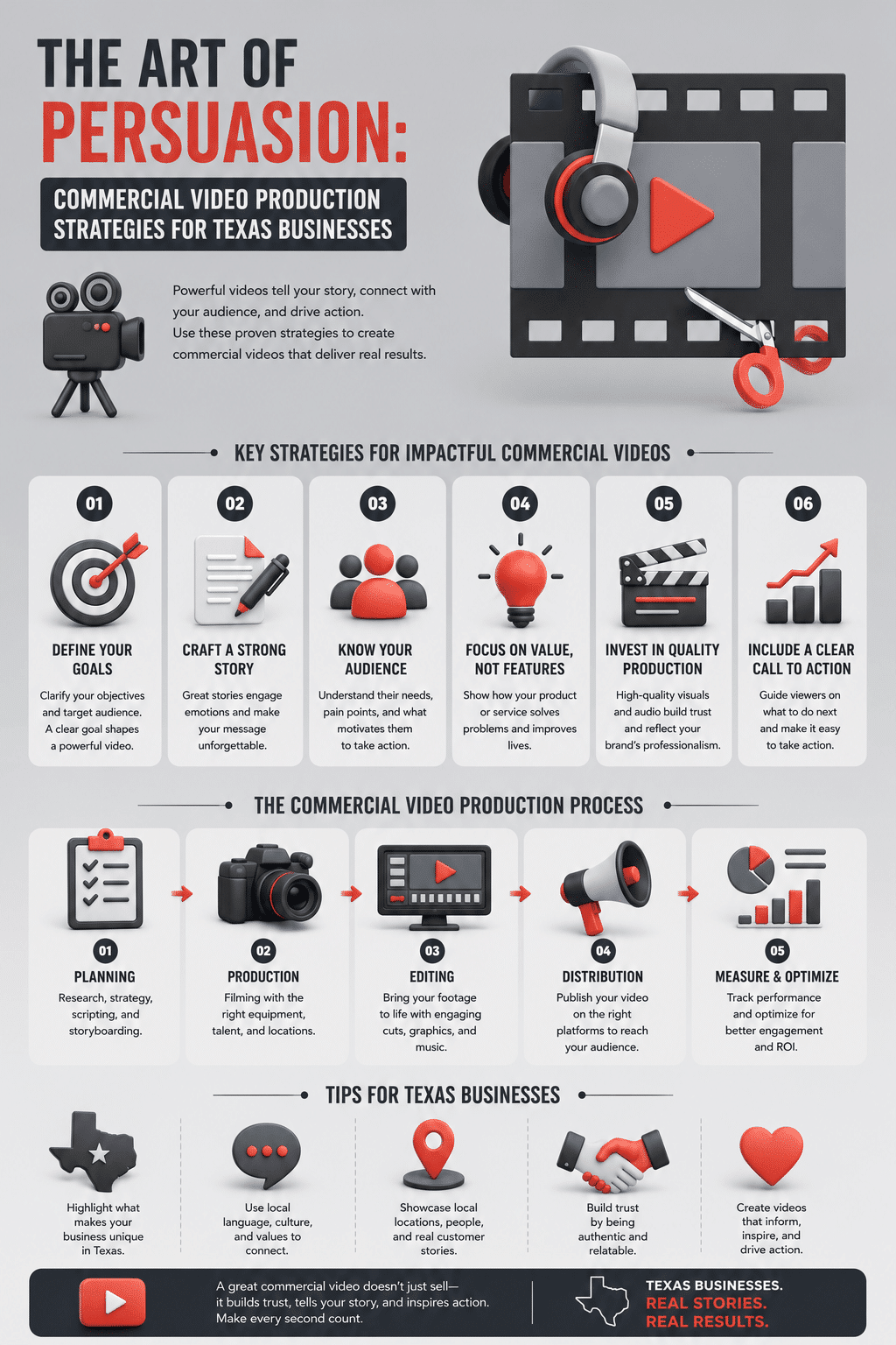 A commercial marketing infographic detailing The Art of Persuasion: Commercial Video Production Strategies for Texas Businesses, illustrating a six-stage impact strategy, a five-step production timeline, and localized branding tips.