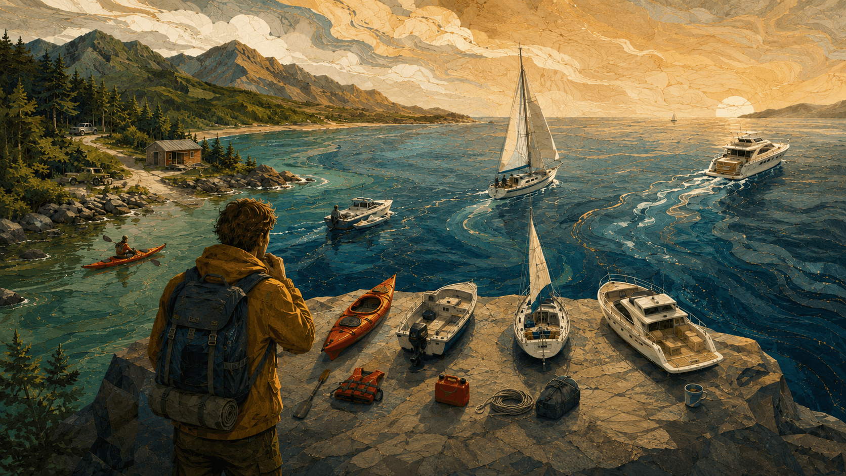 Coastal scene showing a kayak, motorboat, sailboat and yacht, helping a traveler choose the right boat for different types of journeys.