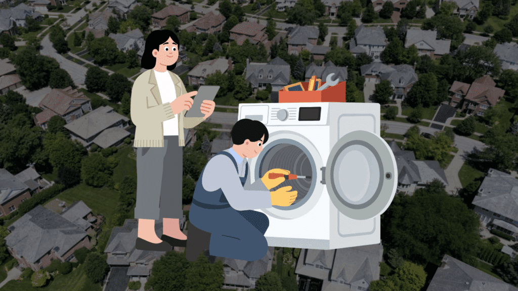 A technician repairing a washing machine in a Glenview neighborhood, illustrating a guide on appliance repair service costs and budgeting