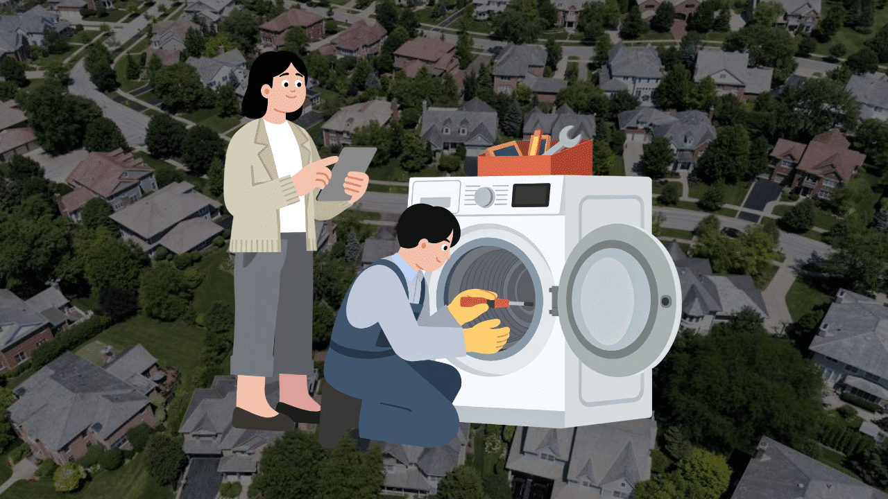 A technician repairing a washing machine in a Glenview neighborhood, illustrating a guide on appliance repair service costs and budgeting