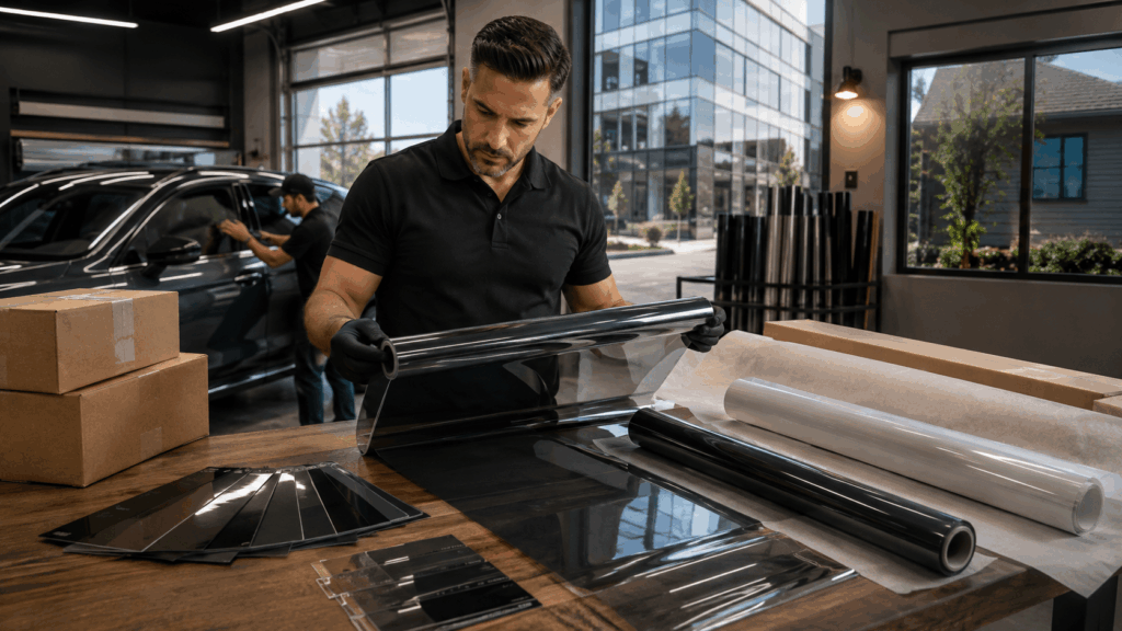 Professional tint shop owner inspecting window film rolls and sample swatches while evaluating a reliable distributor for automotive, residential and commercial tint work.