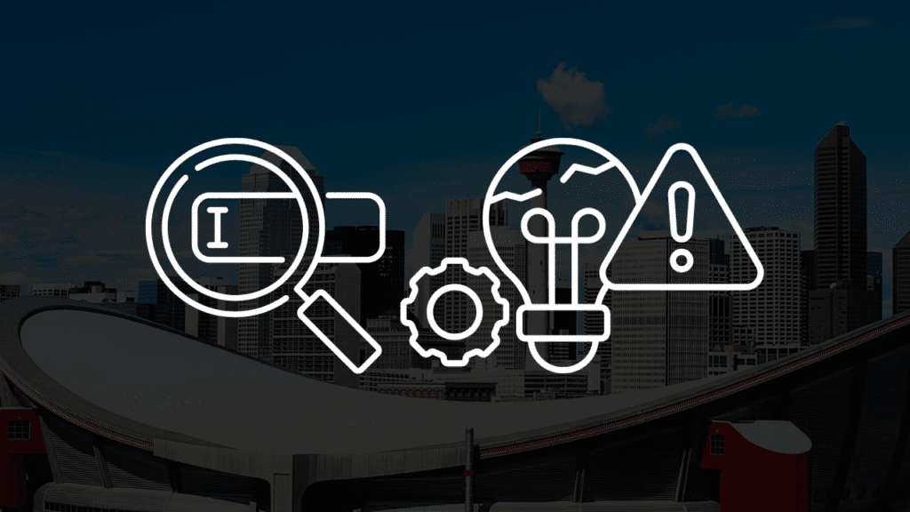 White line icons of a magnifying glass, lightbulb, and warning sign over the Calgary city skyline, illustrating the 7 biggest SEO mistakes Calgary businesses are making this year.