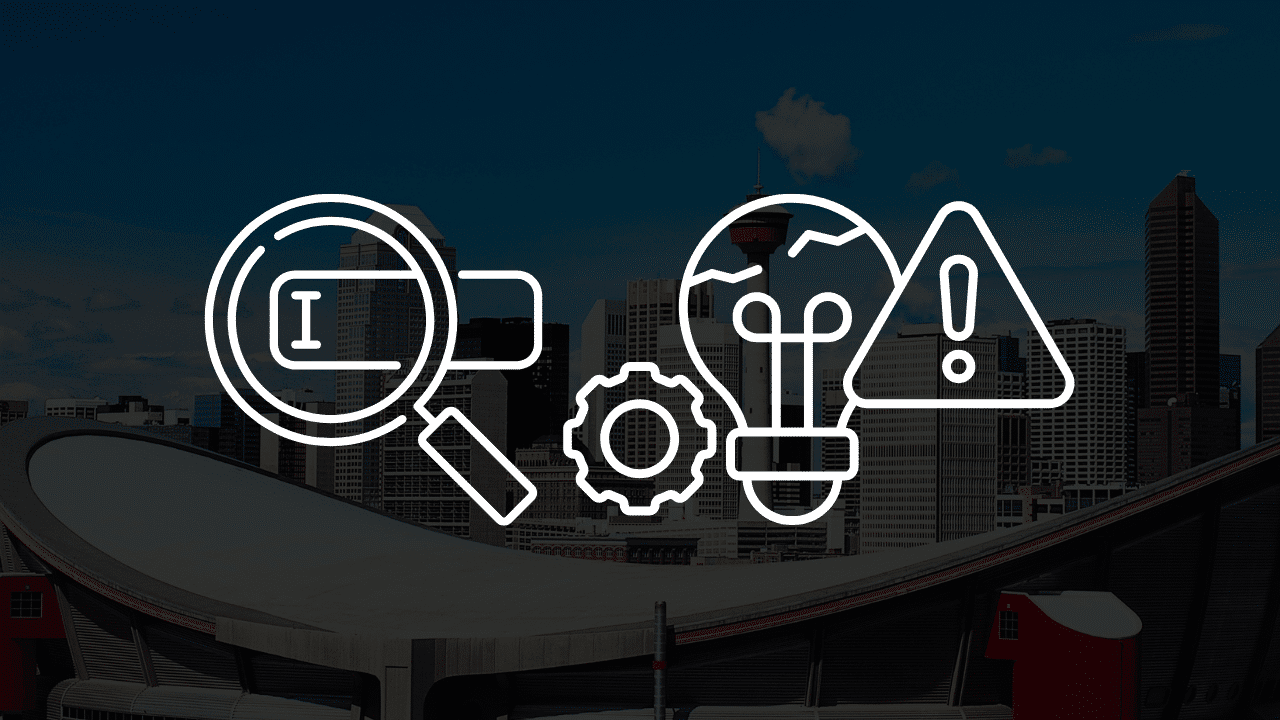 White line icons of a magnifying glass, lightbulb, and warning sign over the Calgary city skyline, illustrating the 7 biggest SEO mistakes Calgary businesses are making this year.