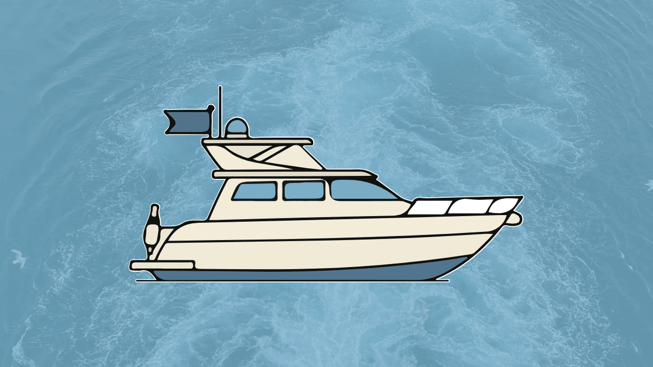 Illustration of a modern white motor yacht on blue ocean water, representing boat types for different travel journeys.