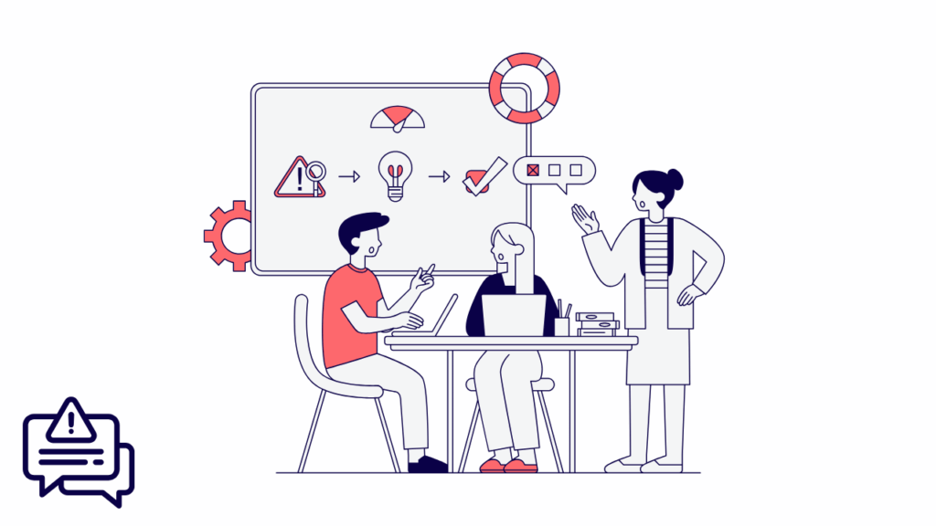 A flat-style illustration of a PR team in a meeting room with a whiteboard showing alert icons, representing crisis communication in the digital era and early warning systems for PR teams.