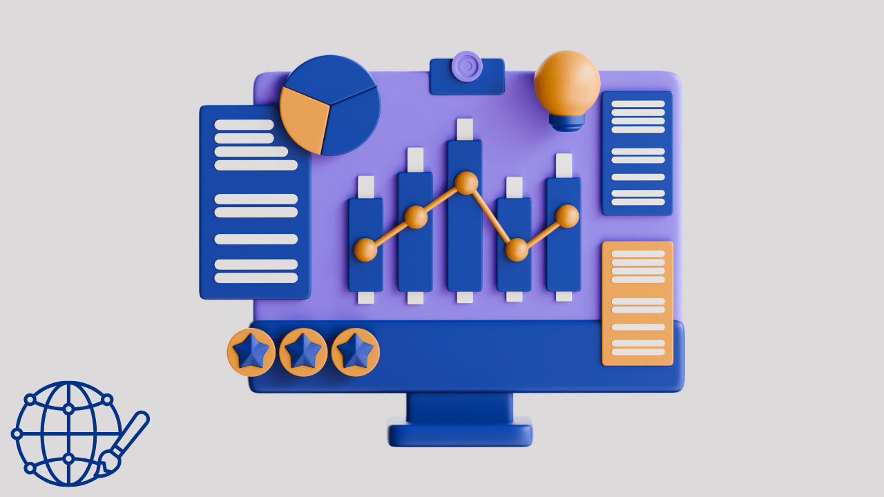 A 3D-rendered digital dashboard showing bar charts, line graphs, and analytics widgets, representing how to support internal tools and dashboards with a Headless CMS as a unified content backbone.