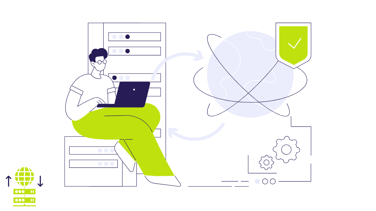 A professional illustration of a user on a laptop connecting to a secure global network through a server, demonstrating how proxy servers work to protect data.