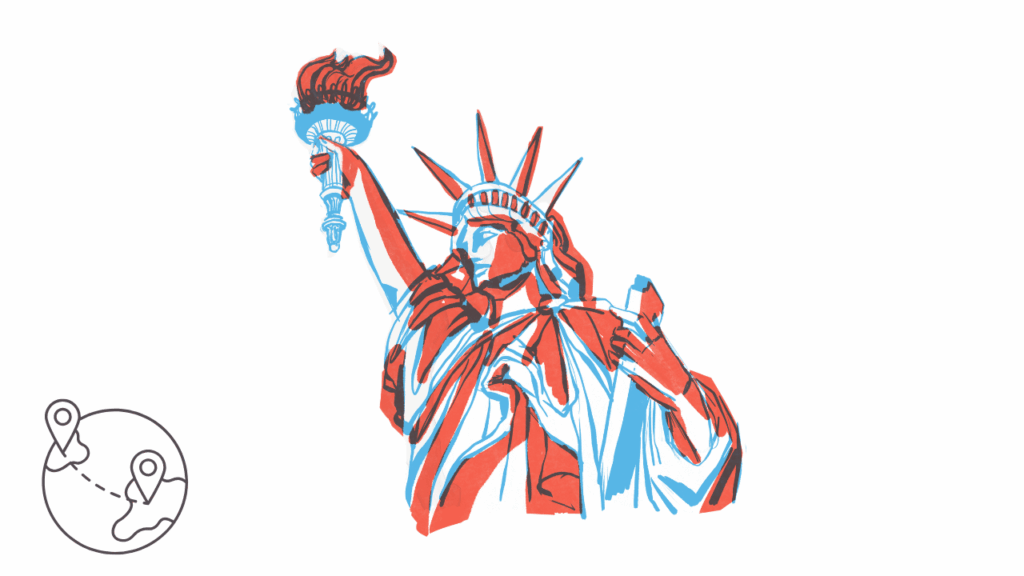 A red and blue stylized illustration of the Statue of Liberty with a globe icon, representing a guide on how immigrants in the U.S. can use online classifieds for jobs, housing, and services.