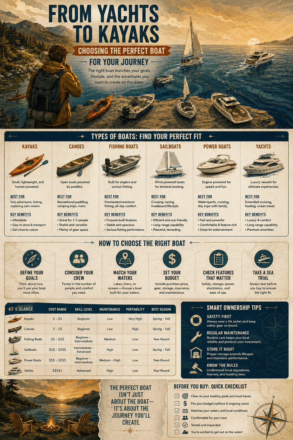 A complete boating guide detailing Infographic: From Yachts to Kayaks: Choosing the Perfect Boat for Your Journey, comparing kayaks, canoes, fishing boats, sailboats, powerboats, and luxury yachts across costs, skill levels, and maintenance.