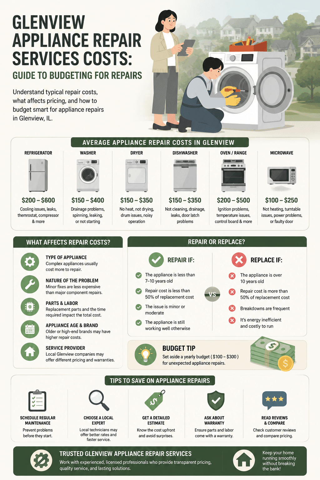 A local home services infographic detailing Glenview Appliance Repair Services Costs: Guide to Budgeting for Repairs, illustrating price ranges for kitchen and laundry appliances, cost factors, and a repair versus replace matrix.