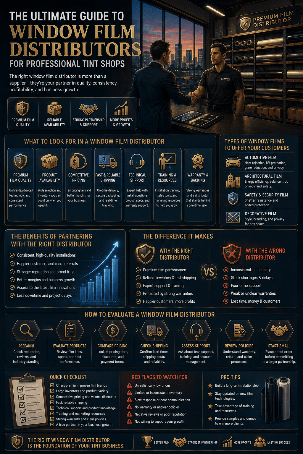 A professional tinting industry guide detailing Infographic: The Ultimate Guide to Window Film Distributors for Professional Tint Shops, comparing supplier evaluation criteria, automotive vs architectural films, distributor red flags, and wholesale pricing.