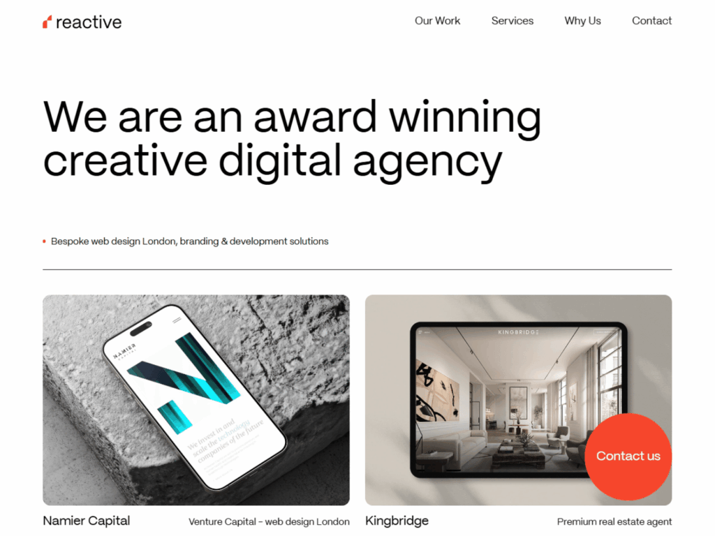 A showcase of the Reactive Web Design Agency in London website, featuring award-winning branding and development projects on mobile and tablet devices, as seen on Sites.Gallery.
