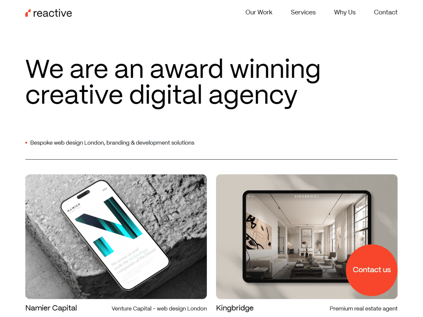 A showcase of the Reactive Web Design Agency in London website, featuring award-winning branding and development projects on mobile and tablet devices, as seen on Sites.Gallery.