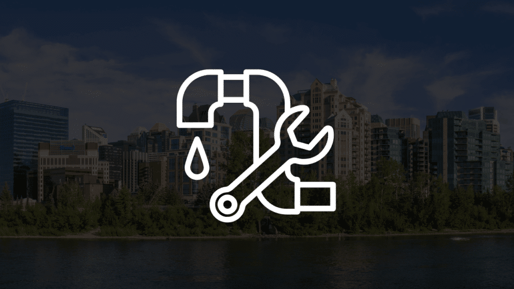 A white icon of a leaky faucet and wrench overlaid on the Calgary city skyline, representing the top 5 common plumbing issues in Calgary and how to fix them.