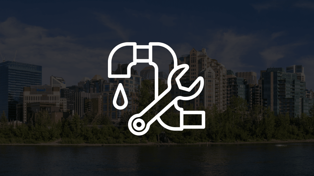 A white icon of a leaky faucet and wrench overlaid on the Calgary city skyline, representing the top 5 common plumbing issues in Calgary and how to fix them.