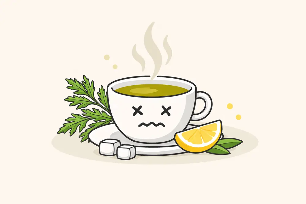A flat-style illustration of a steaming cup of tea next to dried wormwood leaves and a medicinal dropper bottle, representing how to manage wormwood tea being too bitter.