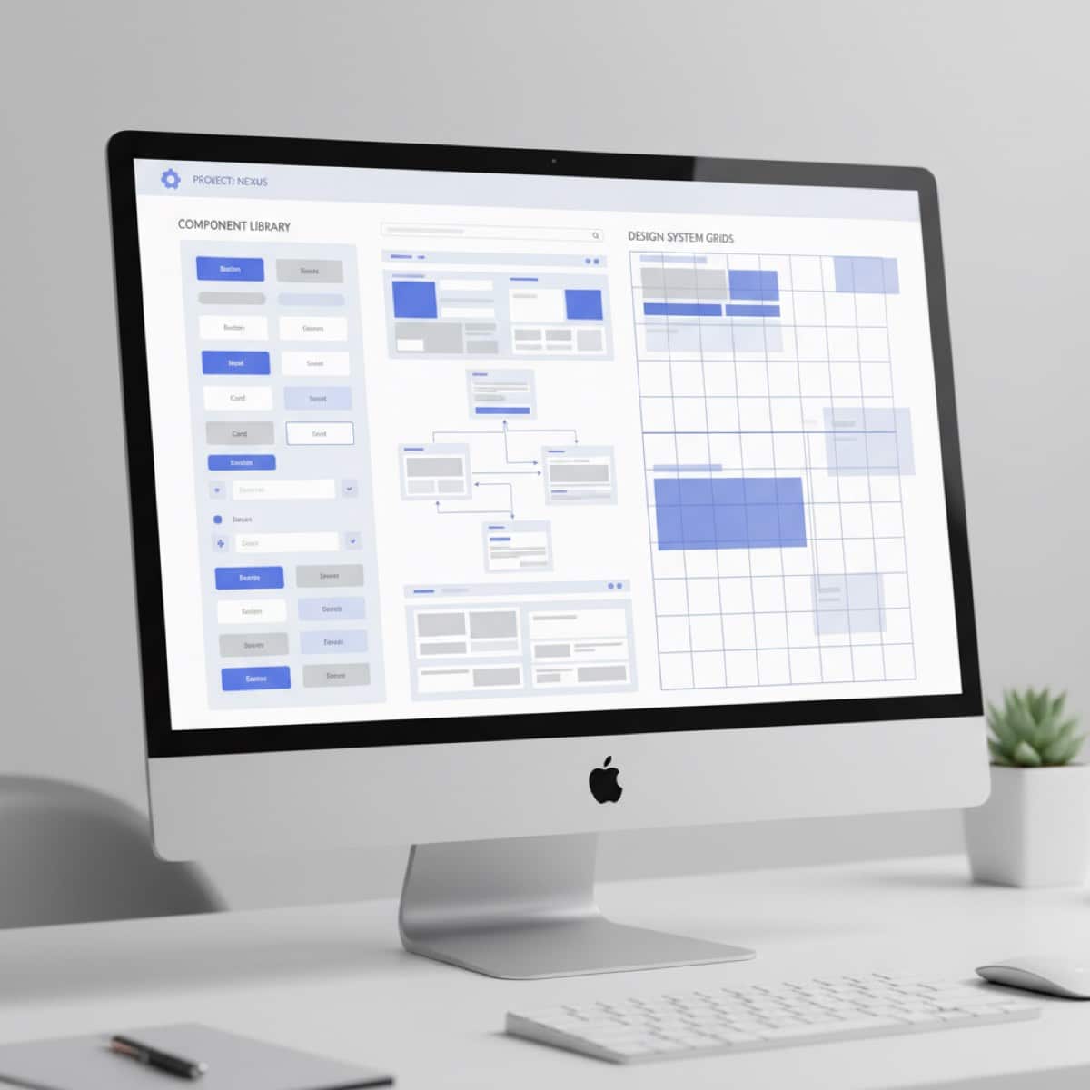 A desktop monitor displaying a professional UI component library and design system grids, illustrating the role of UX in conversion rate optimization.