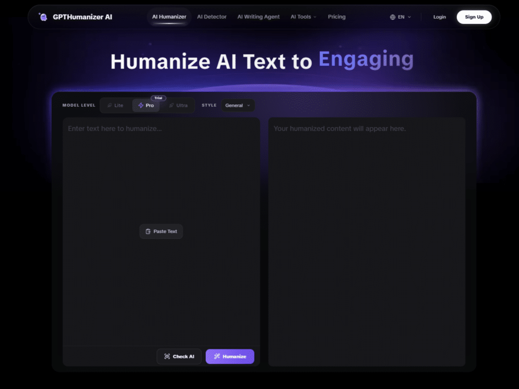 Screenshot of the GPT Humanizer AI dashboard showing the 'Humanize AI Text to Engaging' interface for rewriting AI content.