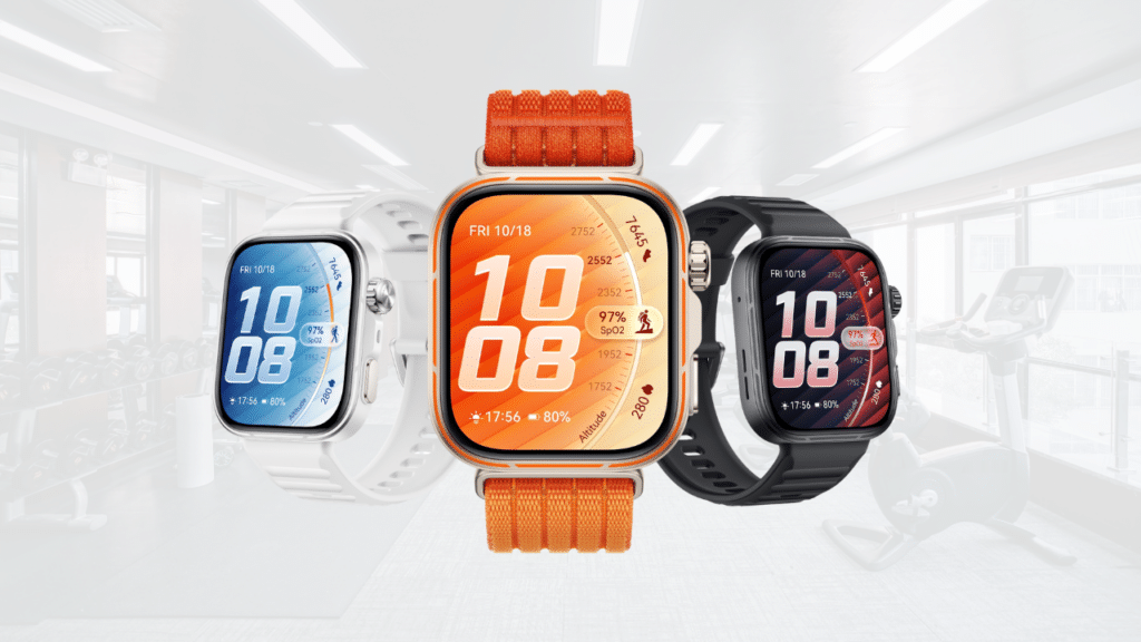 Three HUAWEI Watch Fit 5 Pro smartwatches in white, orange, and black showcasing sleek design and fitness tracking displays.