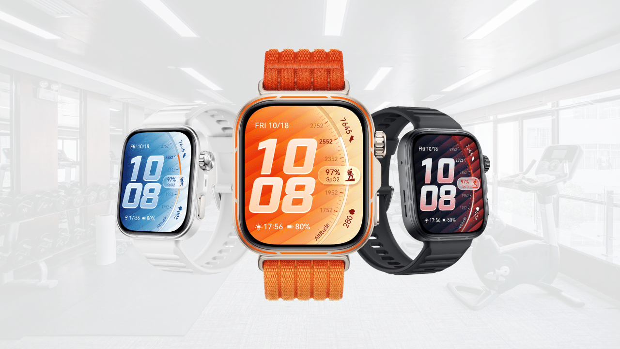 Three HUAWEI Watch Fit 5 Pro smartwatches in white, orange, and black showcasing sleek design and fitness tracking displays.
