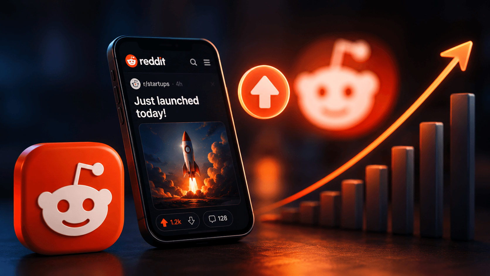 Smartphone showing a Reddit post with upvotes, rising analytics and growth visuals representing early traction and stronger Reddit visibility in 2026.