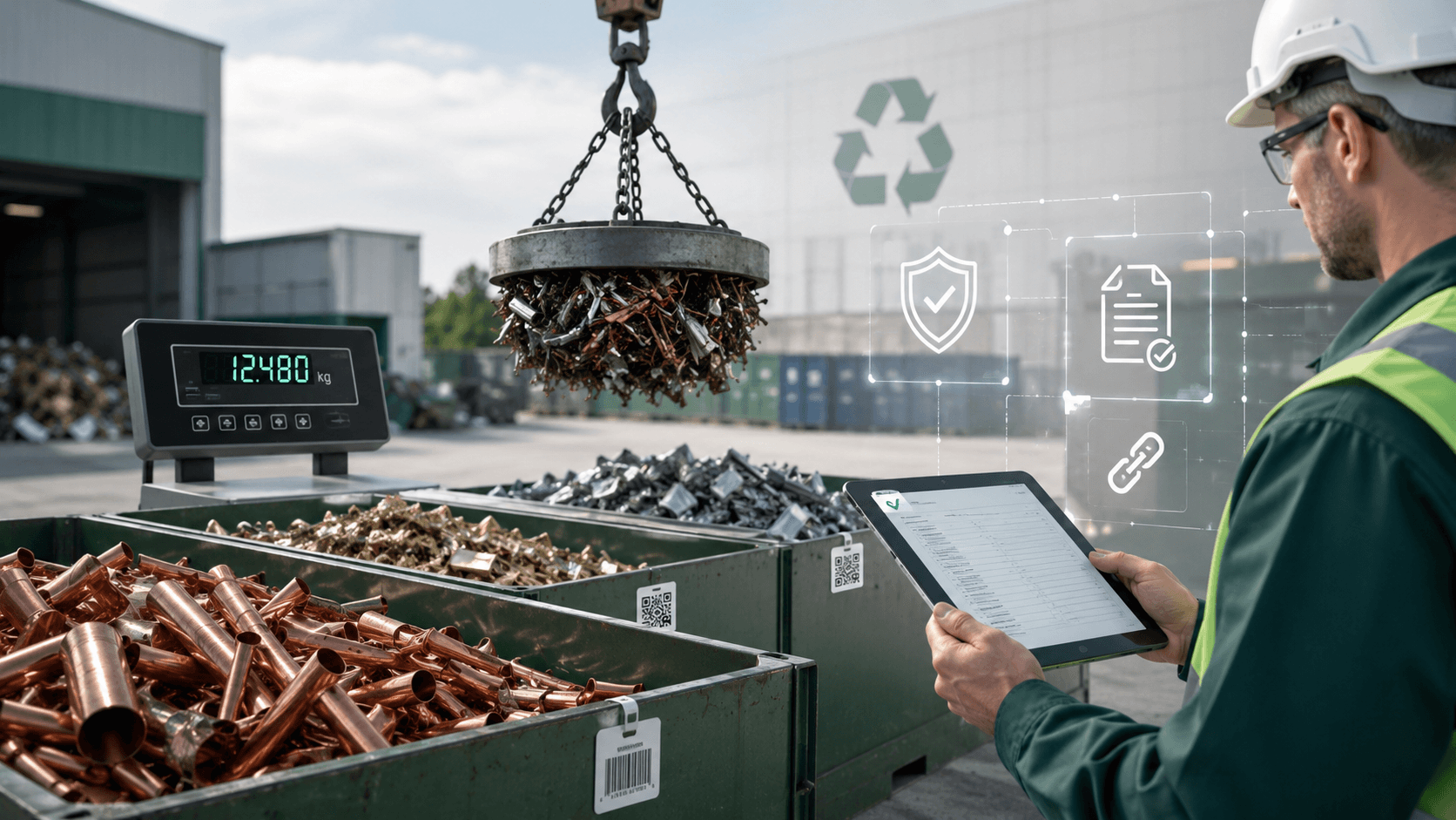 Worker inspecting sorted scrap metal at a recycling facility with digital tracking and compliance visuals representing transparent B2B material recovery.