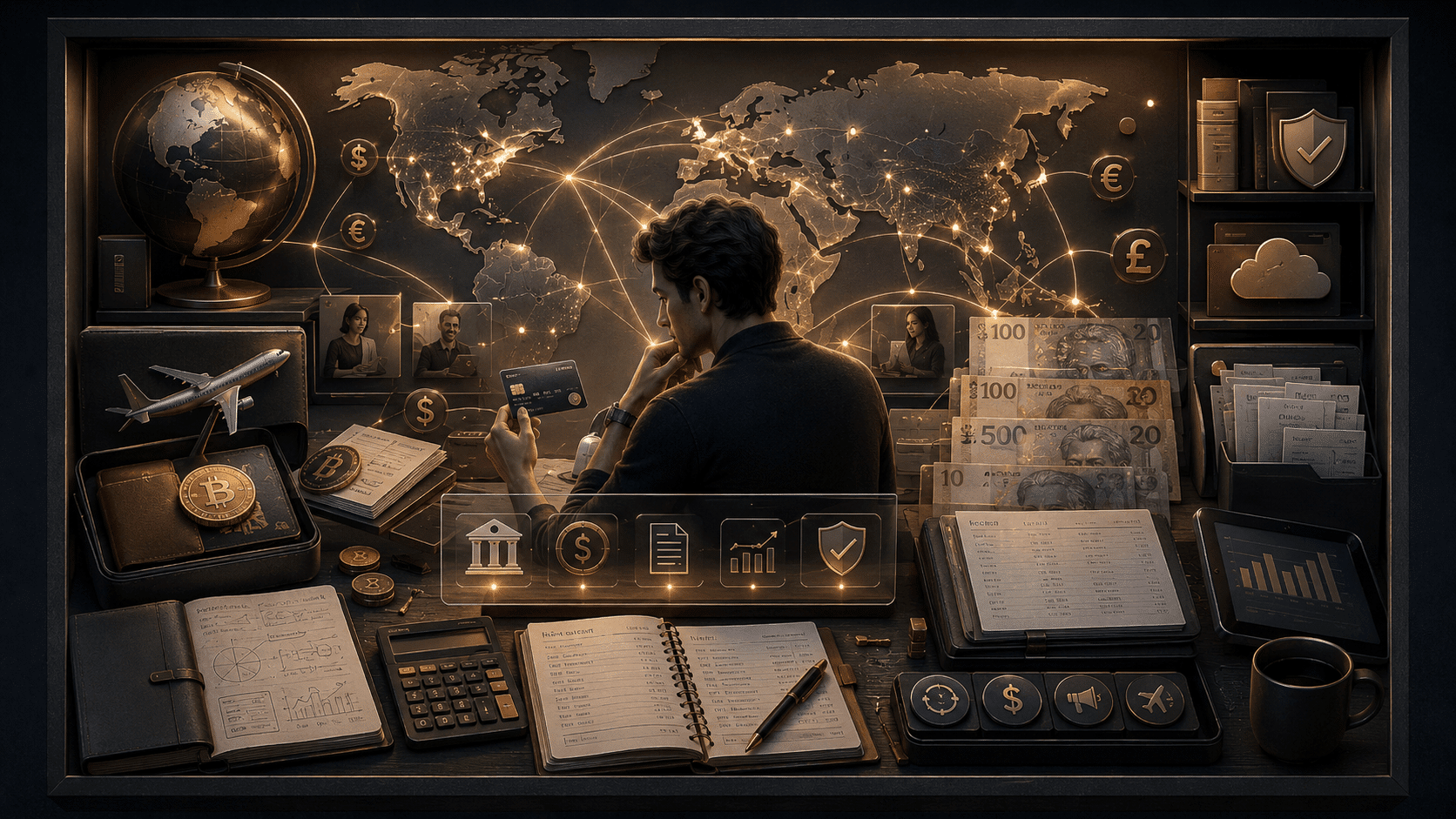 Digital entrepreneur managing global payments, multi currency accounts, bookkeeping records and a crypto payment card with a connected financial toolkit.