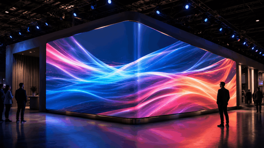 Large flexible LED display wrapping around a 90 degree corner in an exhibition space, with seamless motion graphics continuing across both walls.