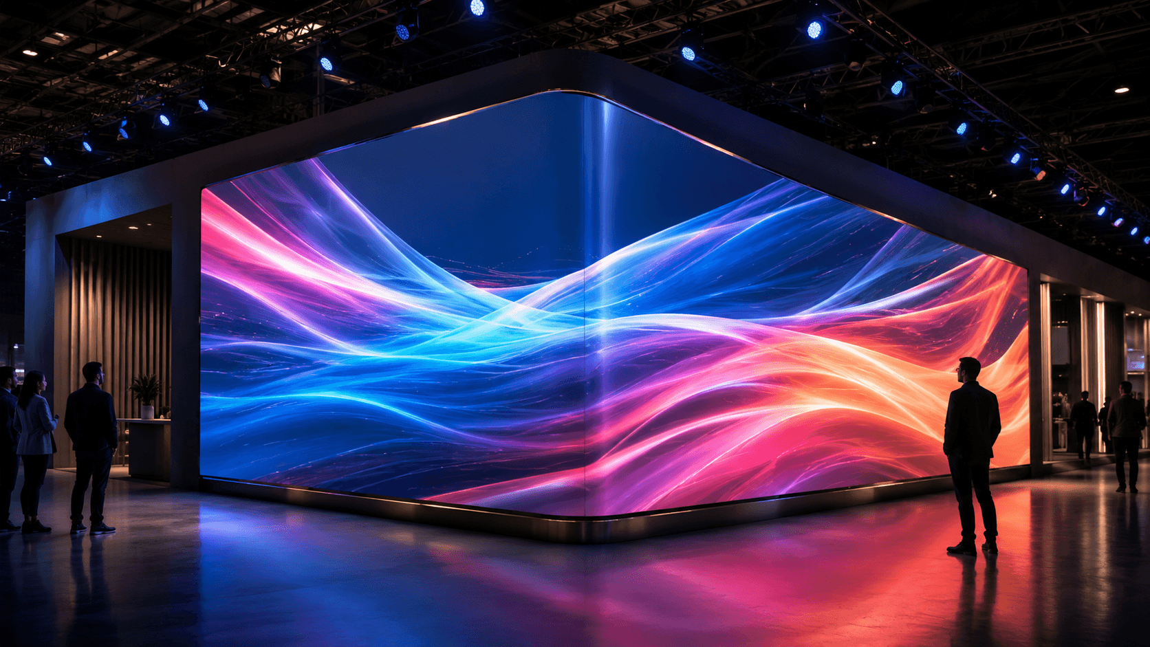 Large flexible LED display wrapping around a 90 degree corner in an exhibition space, with seamless motion graphics continuing across both walls.