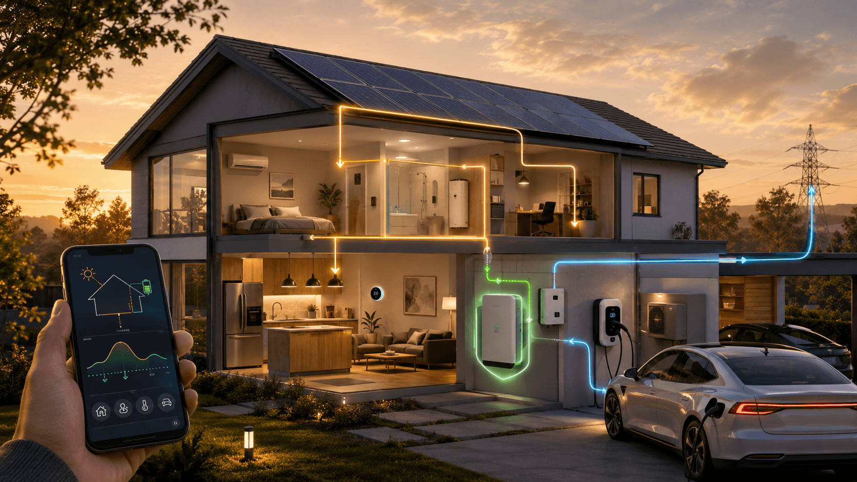 Modern smart home with rooftop solar panels, battery storage, EV charger and visible energy flow controlled through a home energy management system.
