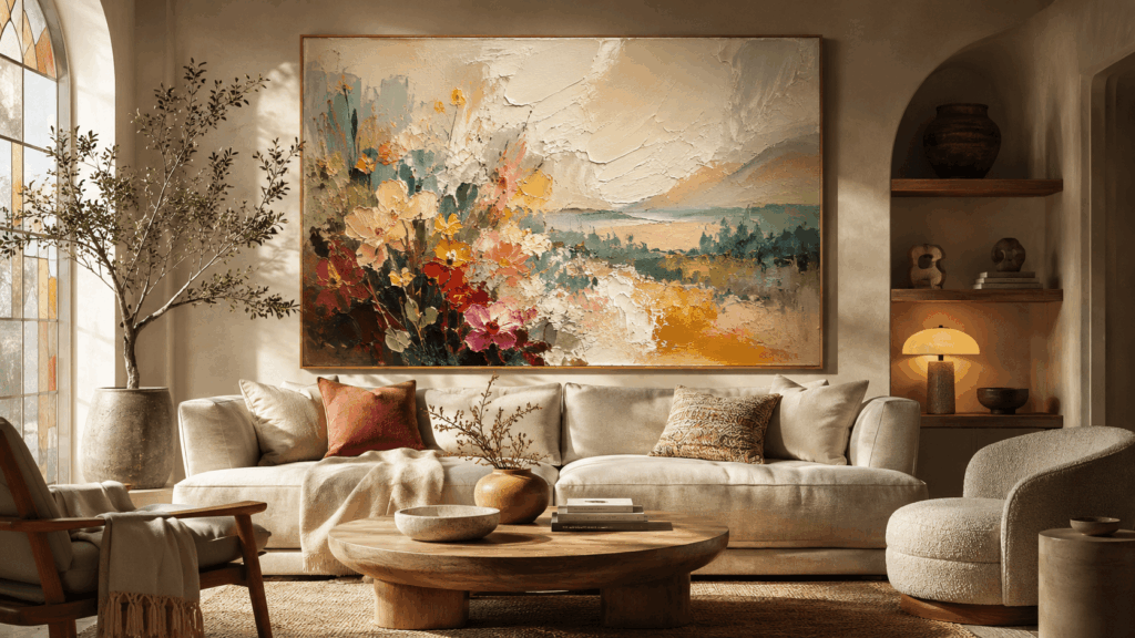 Neutral living room transformed by a large colorful hand painted artwork above the sofa, adding texture, personality and visual warmth.