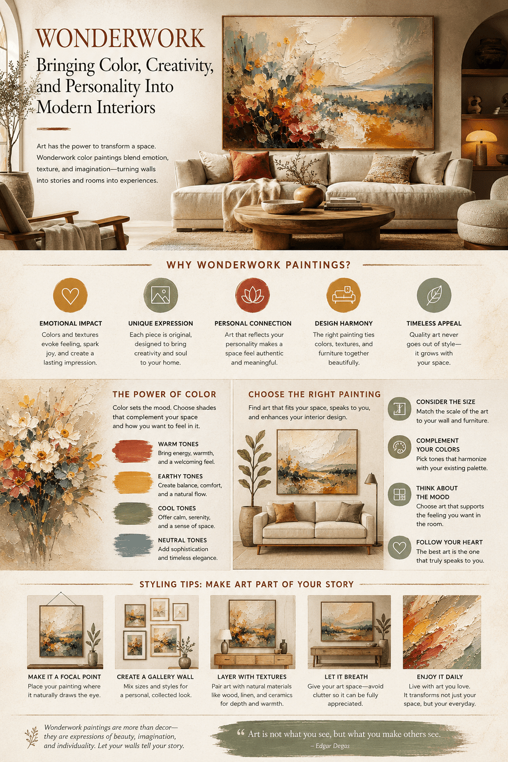 An interior design visual guide detailing Infographic: Wonderwork: Bringing Color, Creativity, and Personality Into Modern Interiors, showcasing textured canvas paintings, color palette selection, artwork scale, and gallery wall styling ideas.