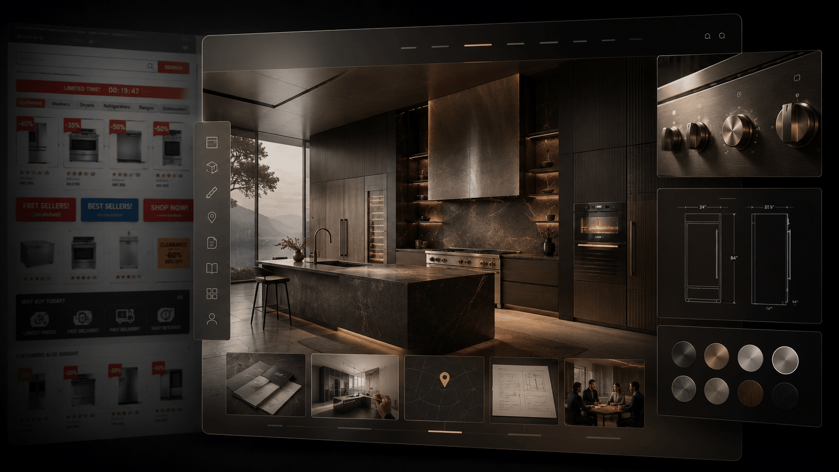 Luxury appliance website concept showing a refined modern kitchen, premium built in appliances, material close ups and layered design details.