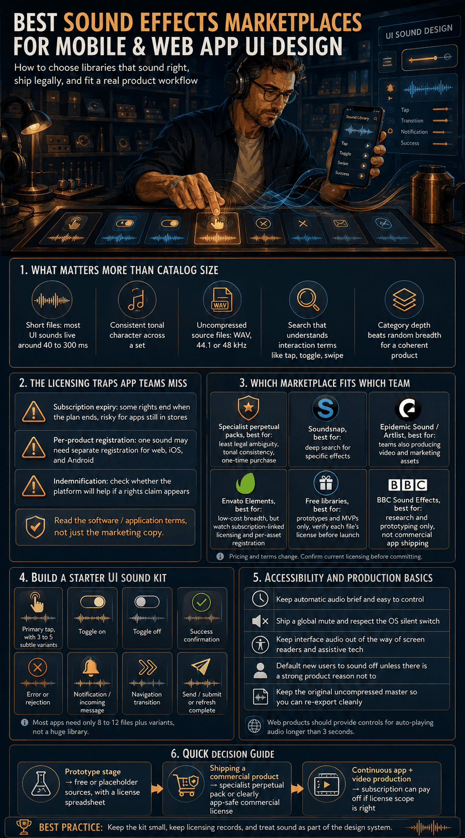 Infographic comparing sound effects marketplaces for mobile and web app UI design, including licensing risks, file formats, accessibility, starter sound kits, and marketplace selection tips.