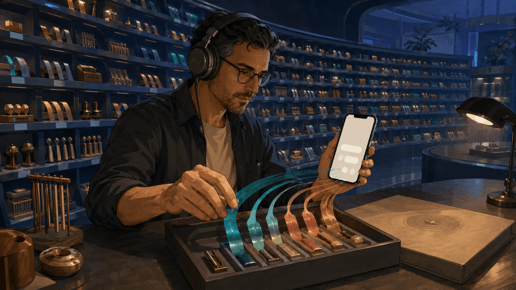 Product designer selects a coordinated set of interface sounds from a large audio library for a mobile app.