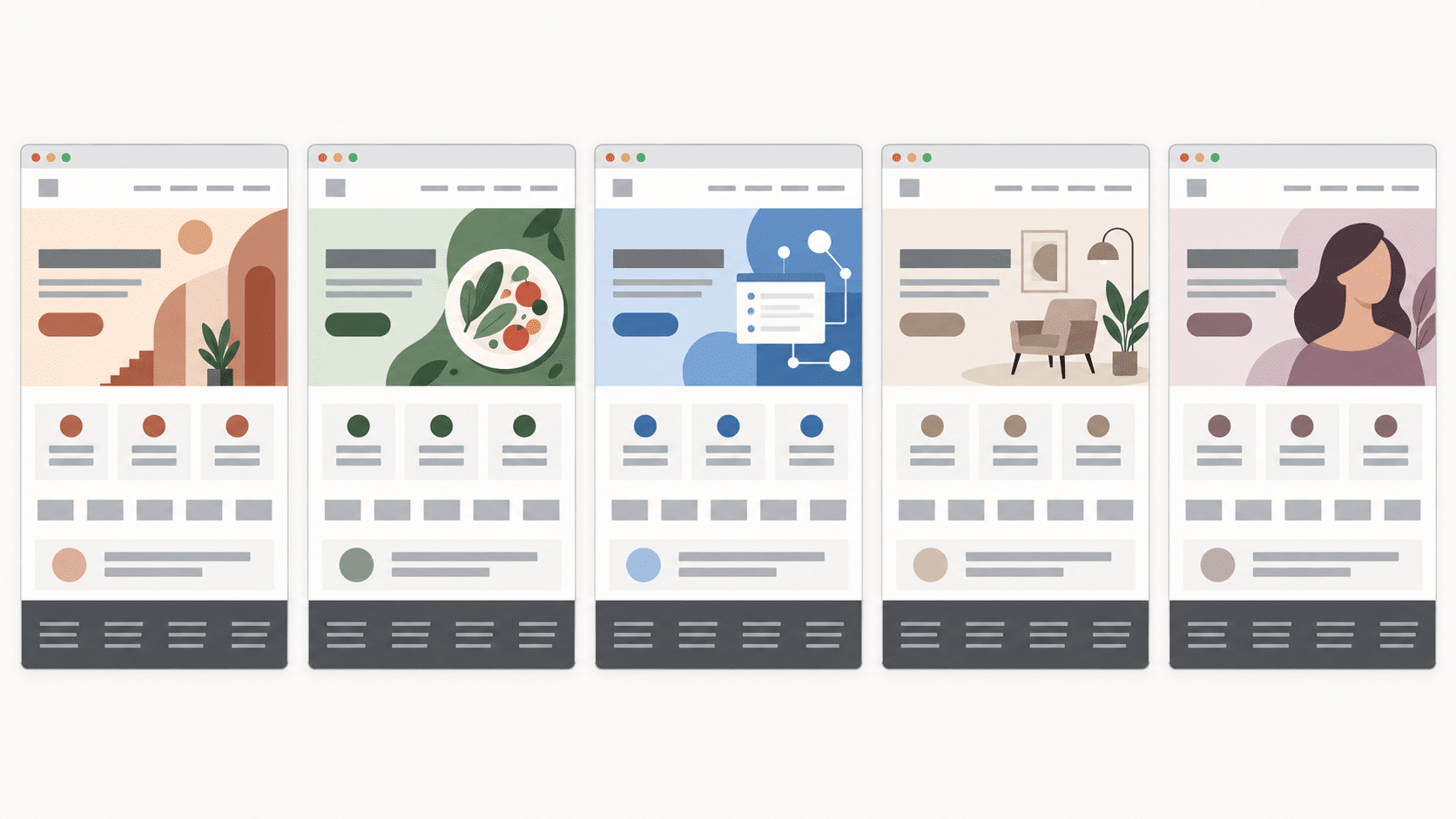 Five website homepages from different industries side by side showing the same hero, feature cards, logo row, testimonial and footer structure.