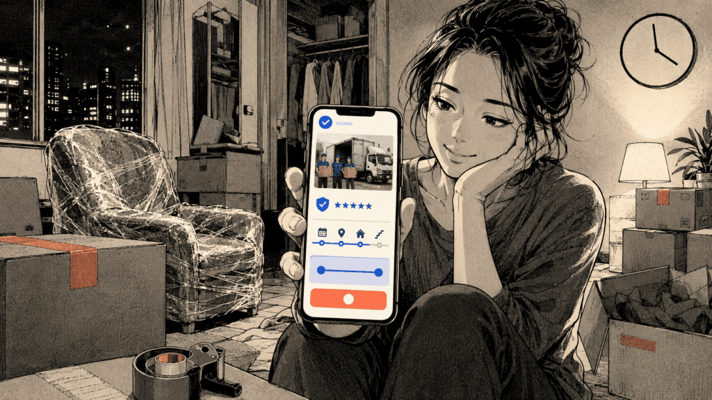Manga illustration of a homeowner using a mobile moving website with crew photos, trust signals and an instant quote calculator.